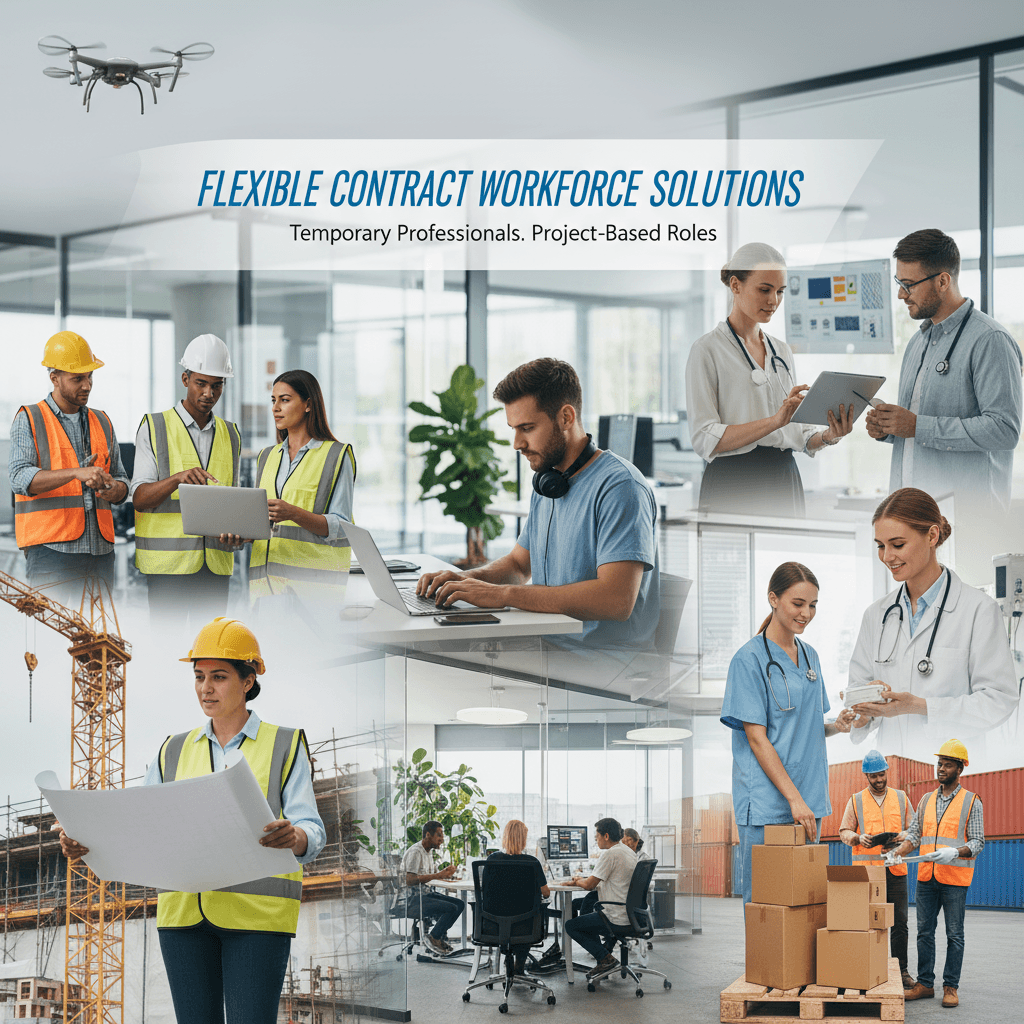 Flexible contract workforce solutions showcasing temporary professionals in various project-based roles and settings