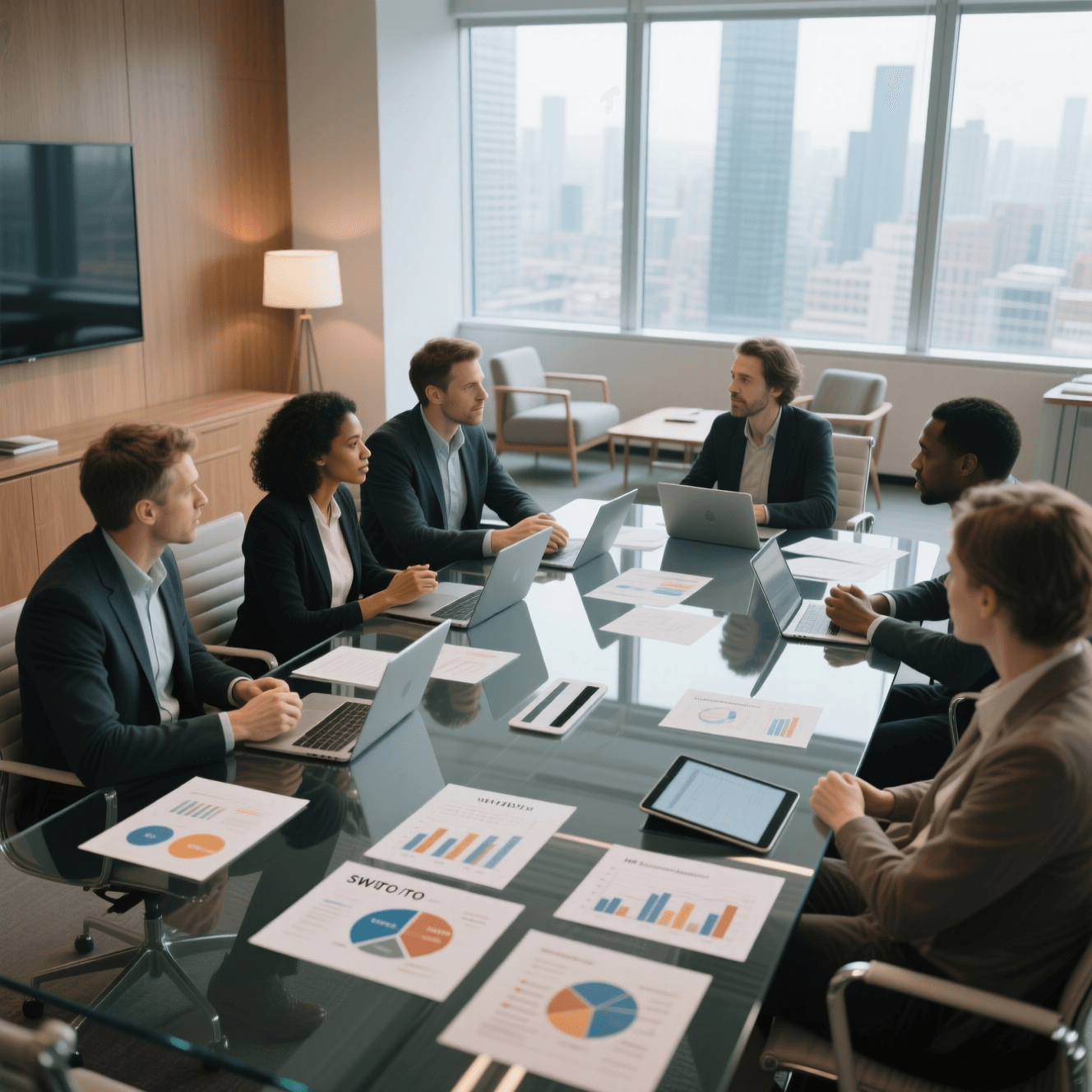 Professional consultation session showing stakeholder interviews, business analysis charts, and HR assessment documentation in modern office setting