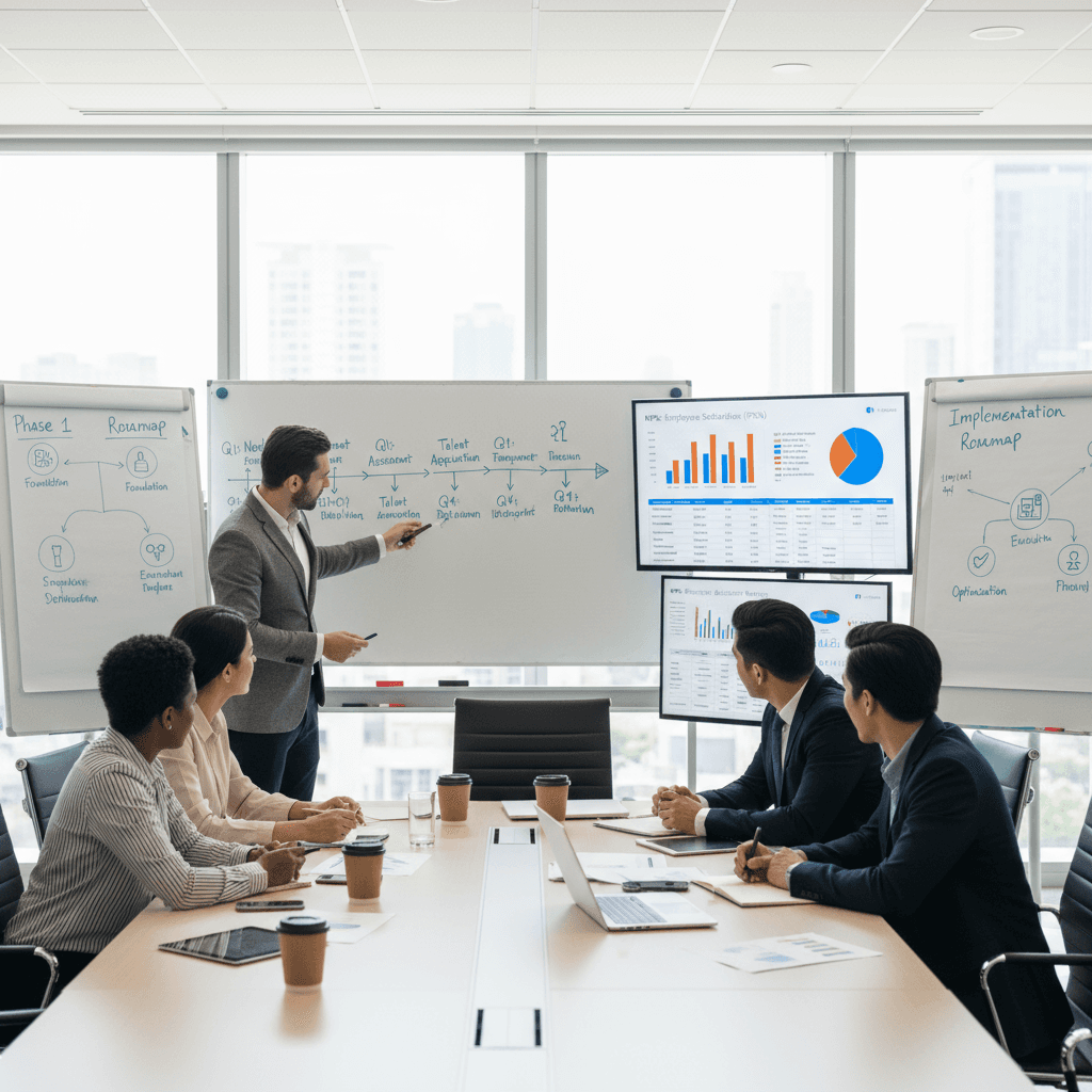Strategic HR planning session with timeline charts, KPI dashboards, resource allocation matrices, and implementation roadmaps displayed on whiteboards and digital screens
