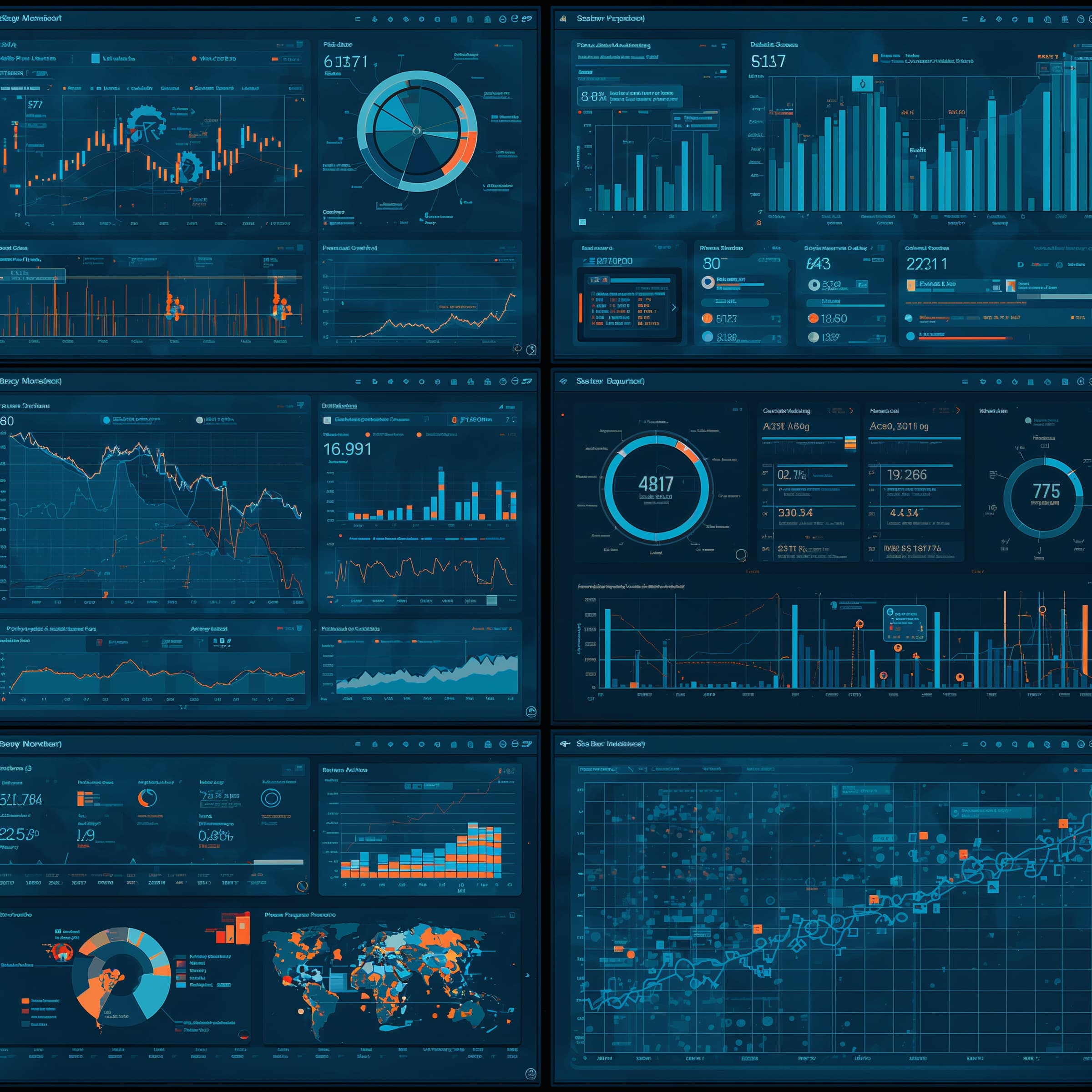 Performance monitoring dashboard with KPI analytics, feedback collection systems, optimization reports, and continuous improvement metrics displayed on multiple screens